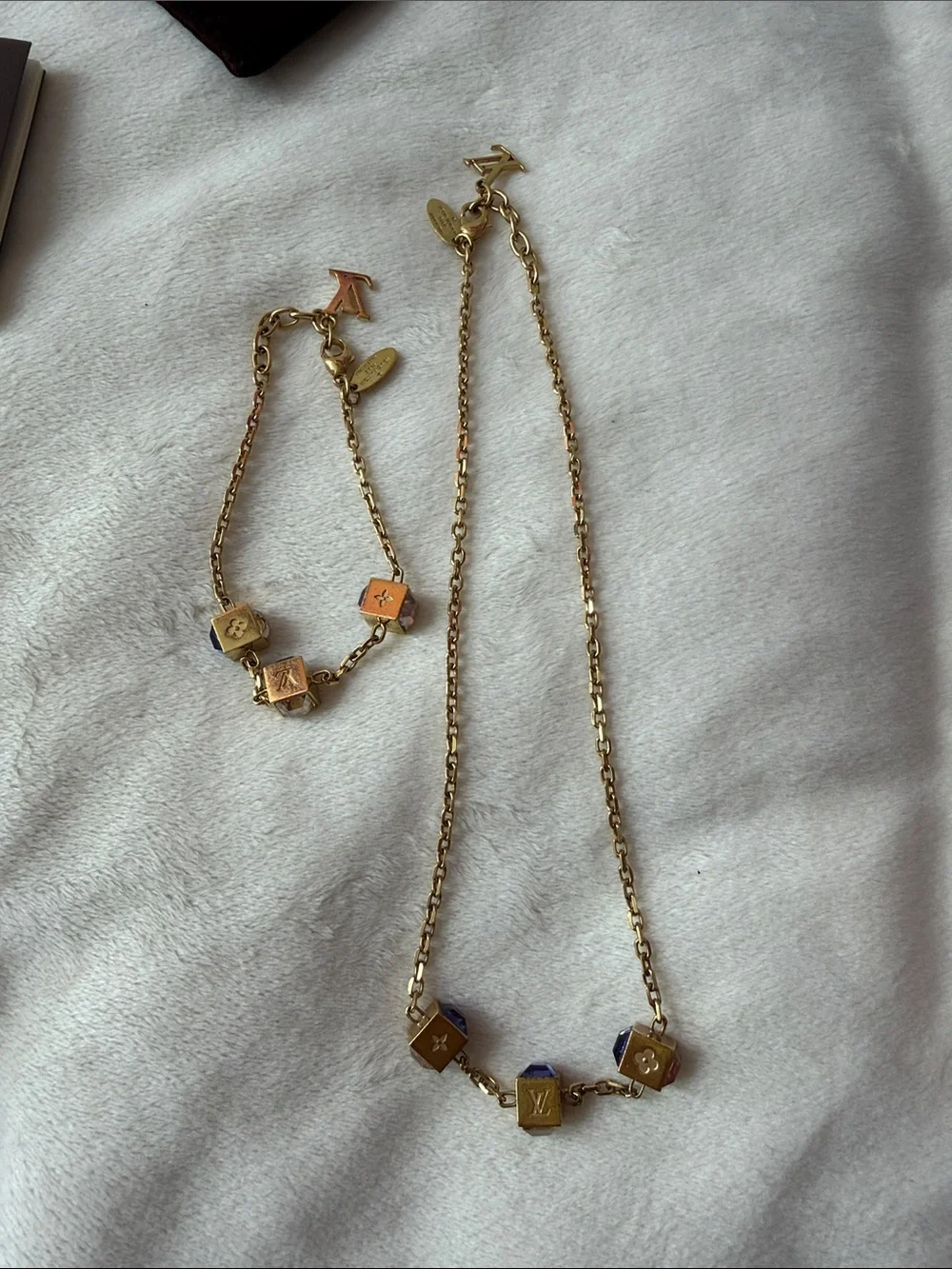 Louis Vuitton Collier Gamble Necklace and Bracelet Set with Crystal Cube Charms